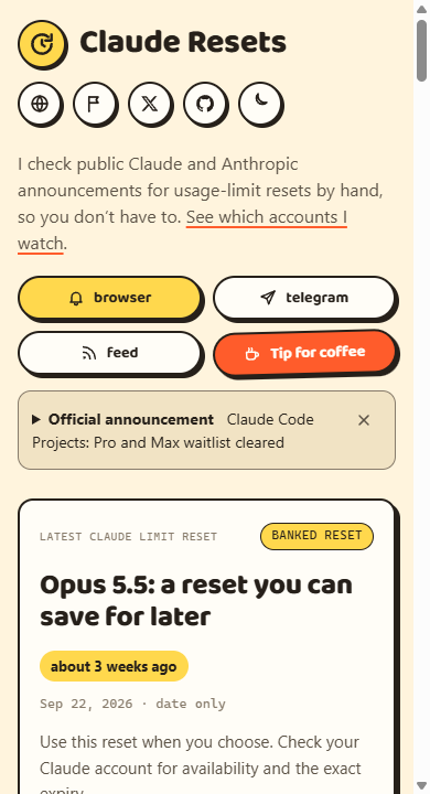 Claude Resets live mobile layout with notification links and the latest usage-limit reset